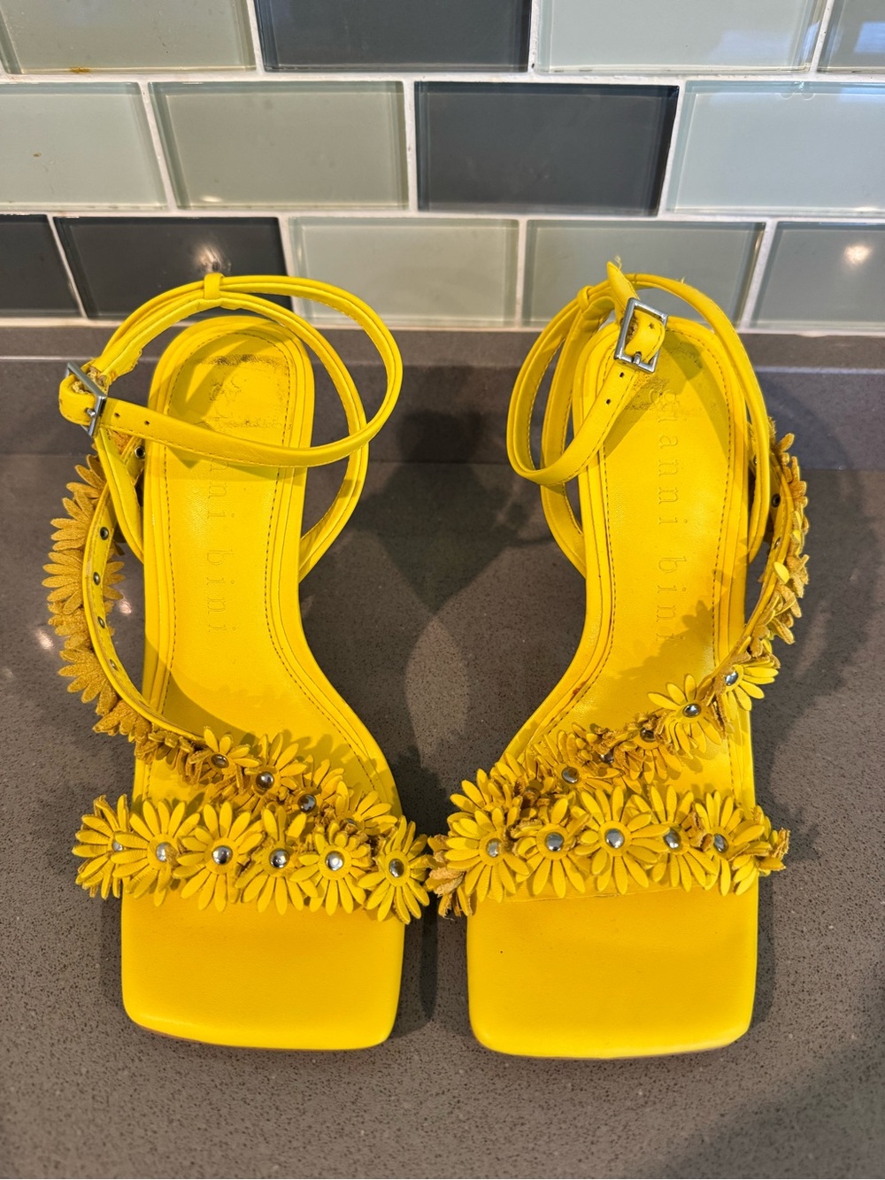 Women's Yellow Floral Ankle-Strap Heels